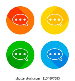 Simple text cloud. Linear, thin outline. Flat white icon on colored circles background. Four different long shadows in each corners