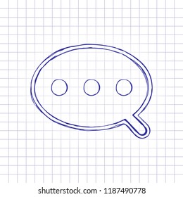 Simple text cloud. Linear, thin outline. Hand drawn picture on paper sheet. Blue ink, outline sketch style. Doodle on checkered background