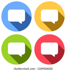 Simple text cloud. Set of white icons with long shadow on blue, orange, green and red colored circles. Sticker style