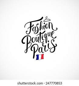 Simple Text Design for Fashion Boutique Paris Concept with Small French Flag. Isolated on White Background. Vector illustration.