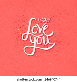 Simple Text Design for Love You Concept with Winged Heart on Dotted Melon Color. Vector illustration.