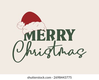 Simple “Merry Christmas” text with Santa hat. Minimal festive design for holiday cards, posters, and winter greetings.