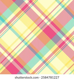 Simple textile check fabric, repeat texture tartan pattern. Deluxe background seamless vector plaid in lemon chiffon and red colors palette.