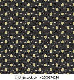 Simple textile design with polka dots and flecks in a shade of ecru on a black background. Pattern suitable for blouses and scarves.
