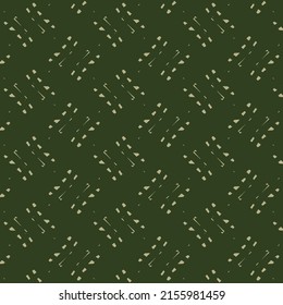 Simple textile pattern with square patches suggested by some small flecks or stitches. Decoration drawn in gray on dark green.