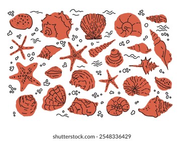 A simple, textured illustration of a red shell in vector format, isolated on a white background. Perfect for sea-themed decor, educational resources, or summer projects.