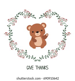 Simple thank you card with bear. Vector floral frames.
