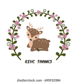 Simple thank you card with deer. Vector floral frames.