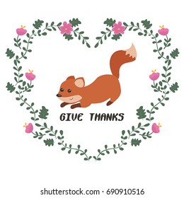Simple thank you card with fox. Vector floral frames.