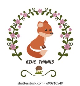 Simple thank you card with fox. Vector floral frames.