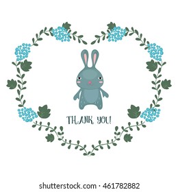 Simple thank you card with hare. Vector floral frames in shape of heart.