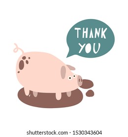 simple thank you card with pig Word Cloud - Thank You. Simple flat vector illustration.