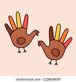 Simple Thanksgiving day hand print turkeys drawing. Cute vector illustration.