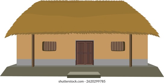 Simple Thatched-Roof House in a Rural Setting. House on a white background for cartoon animation 