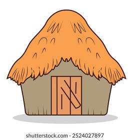 A simple thatched-roof hut with wooden doors.