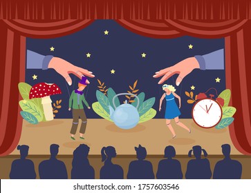 Muestra simple de marionetas de teatro, ilustración vectorial. La marioneta de actuación actúa en el escenario, las manos grandes tirando de los hilos de la cortina. Gente en lugares del salón viendo el drama con muñecas.