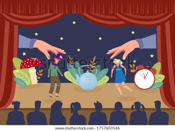 シンプルな劇場の人形劇 ベクターイラスト 舞台上の俳優を舞台上で操り 大きな手でカーテンから糸を引く 会場の人が人形 を使ってドラマを見る のベクター画像素材 ロイヤリティフリー