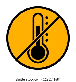 Simple thermometer icon. not allowed, black object in warning sign with orange background color