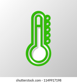 Simple thermometer icon. Paper style. Cut symbol with green bold contour on shape and simple shadow