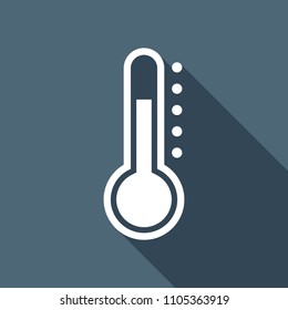 Simple thermometer icon. White flat icon with long shadow on background