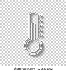 Simple thermometer icon. White outline sign with shadow on transparent background