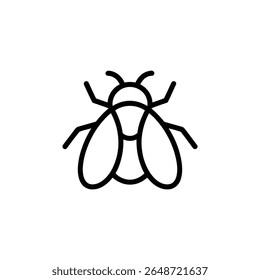 O contorno simples, espesso e preto de uma mosca voltada para a frente mostra o corpo do inseto, antenas e quatro asas contra um fundo branco-escuro. Símbolo limpo e mínimo.