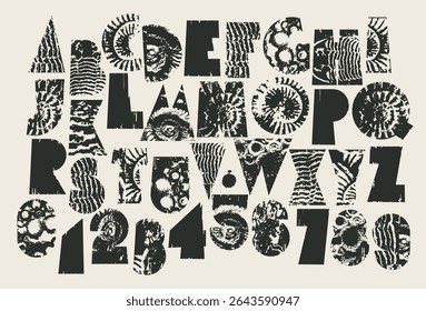 Simple, thick font consisting of geometric shapes with grunge texture, fossils of ancient animals, ammonites, shells. Letters and numbers of the Latin alphabet. AI is not used.