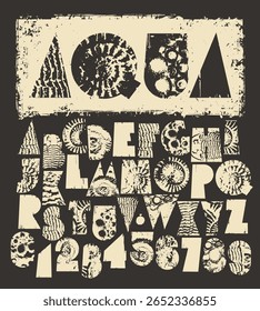 Fonte simples e grossa consistindo de formas geométricas em um tema marinho e tema polientológico com a textura de conchas. Letras do alfabeto latino. Logotipo, etiqueta, capa, caixa de chocolates. Sem ai
