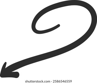 Simple, thick, hand drawn arrow pointing down and making a loop, isolated on a white background, ideal for educational or business presentations