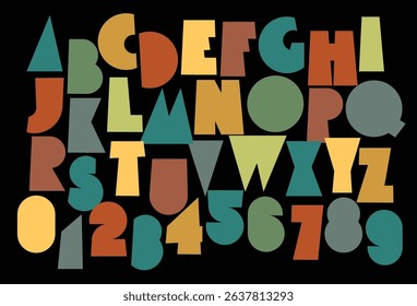 Simple, thick, humorous, colorful geometric letter font with holiday and party theme. Book, literature, fairy tale, cartoon, captions. Latin alphabet letters and numbers. No AI used