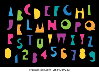 Fonte de letra geométrica simples, grossa, humorística, colorida com tema de férias e festa. Livro, literatura, conto de fadas, desenho animado, legendas. Letras e números do alfabeto latino. Nenhuma IA usada