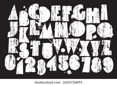 Simple, thick humorous font consisting of geometric shapes. With grunge texture, stains and splashes. Letters and numbers of the Latin alphabet. No AI is used.