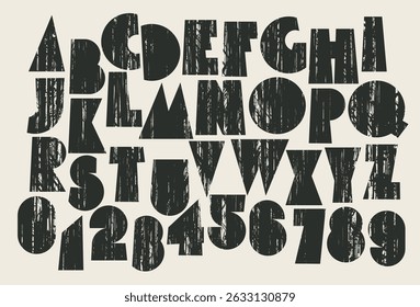 Simple, thick, humorous, monochrome font with geometric shapes and scratches. Suitable for cartoon or children's book titles. Latin letters and numbers. No AI used.