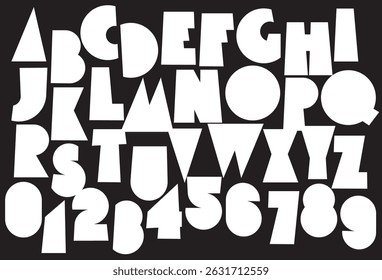 Simple, thick, humorous, monochrome geometric font with geometric shapes. Suitable for cartoon titles or for children's books. Latin letters and numbers. No AI used