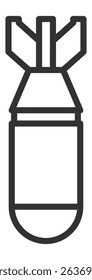 Simple, thick line icon of an aerial bomb falling with deployed stabilizing fins, representing concepts of war, destruction, and military conflict, suitable for various graphic design projects