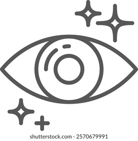 Simple, thick line icon of an eye with sparkles surrounding it, representing health, good vision and ophthalmology, isolated on white background
