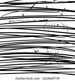 Simple thick lines are drawn horizontally. They have small people and one animal.