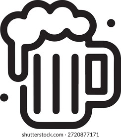 Simples ícone de contorno grosso retrata uma caneca cheia de cerveja espumosa com bolhas, perfeito para menus, vida noturna ou projetos digitais relacionados à celebração.