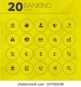 Simple thin banking icons on geometric polygonal triangular background