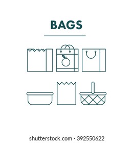 Simple Thin Flat Line Shopping Bags Icons. Outline Stroke Variant. Infographic and web or application design resource. Vector Illustration.