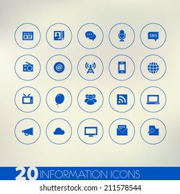 Simple thin infromation blue icons on light blurred background, 10 EPS 