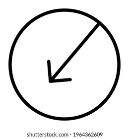 Simple flecha de línea delgada apuntando diagonalmente hacia abajo en un botón. Sin regalías.