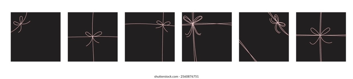 Simple thin line art string single bow on silhouette flat gift box and poster, social media post for holiday, occasions, birthday pink bow element decorative design with different positions