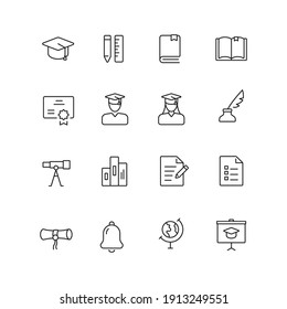 Conjunto de iconos de educación de línea delgada simple, ilustraciones vectoriales. Sombrero de soltero, pluma y gobernante, estudiantes, libro, diploma, archivo, pizarra, anillo, telescopio, documentos.