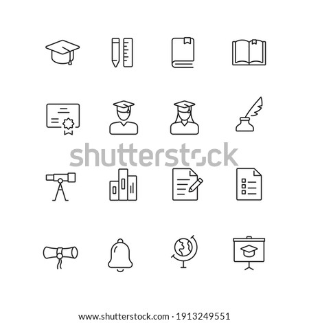Simple  thin line education icon set, vector illustrations. Bachelor hat, pen and ruler, students, book, diploma, archive, blackboard, ring, telescope, documents.
