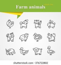 Simple thin line Farm animals icons set with cat,rabbit,turkey,duck,goose,dog, chicken,horse,lamb,turkey,donkey,pig