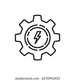 simple thin line gear with lightning black icon. stroke art style trend modern logotype graphic lineart web design isolated on white background. concept of electrical technology and thunderbolt in cog