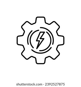 equipo de línea delgada simple con un icono negro brillante. estilo de arte de carrera tendencia moderna logotipo diseño web lineart gráfico aislado en fondo blanco. concepto de tecnología eléctrica y rayón en cog