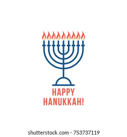 simple thin line happy hanukkah logo with candles. flat style trend logotype graphic design isolated on white. concept of menora for orthodox chanukah holiday or religious attribute for hannukah