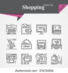 Simple thin line icons set on the topic of shopping with online payment,online shopping,gift,product delivery,customer support etc.For designers and developers